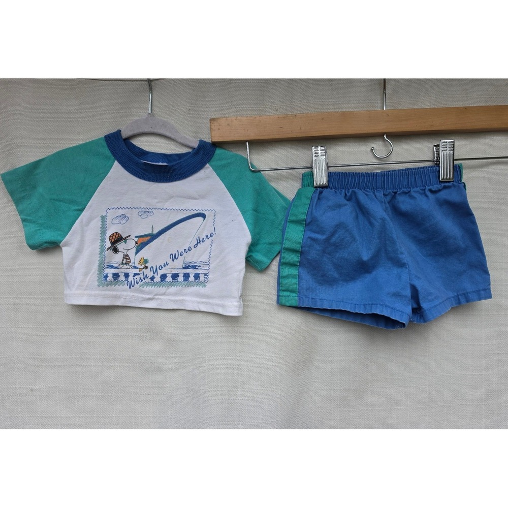 Vintage Snoopy by Buster Brown 2T Set Tee Shorts Blue Teal 80s Made in USA